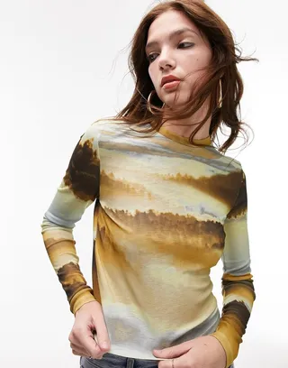 Topshop landscape long sleeve top in multi