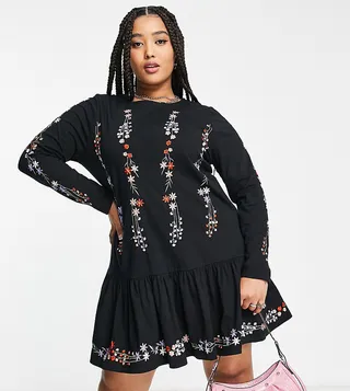 ASOS DESIGN Curve long sleeve smock dress with pep hem with floral embroidery in black