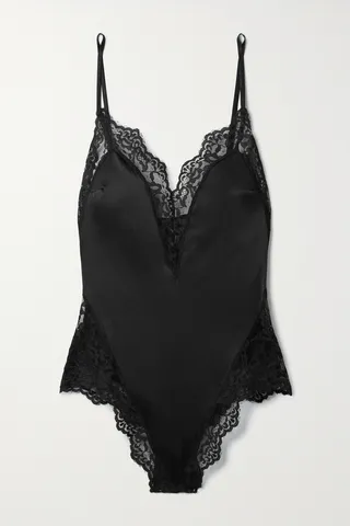 Fleur du Mal - Venus Lace-trimmed Silk-blend Satin Thong Bodysuit - Black