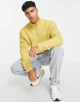 ASOS DESIGN heavyweight cable knit half zip sweater in mustard