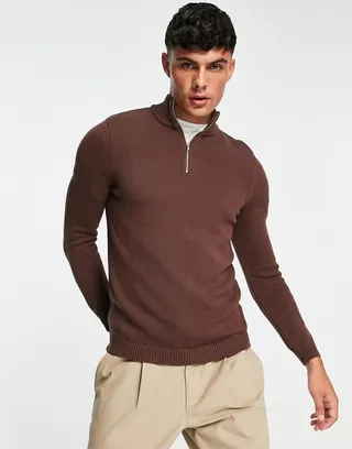 ASOS DESIGN midweight half zip cotton sweater in brown