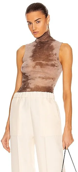 Enza Costa Cotton Mesh Sleeveless Turtleneck Top in Brown