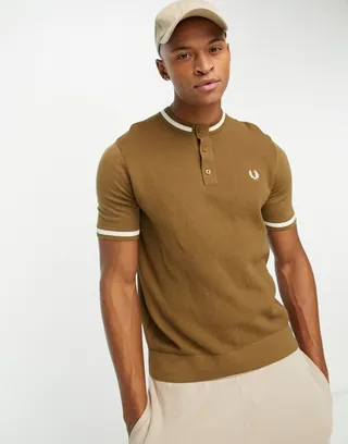 Fred Perry textured knit henley top in tan
