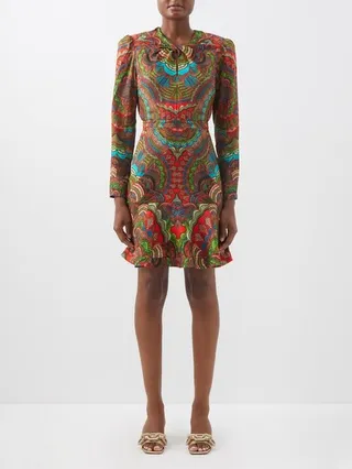 Claudia Flared-hem Printed-silk Dress