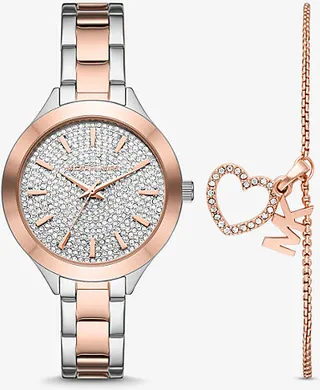 Pavé Two-Tone Watch and Heart Bracelet Set