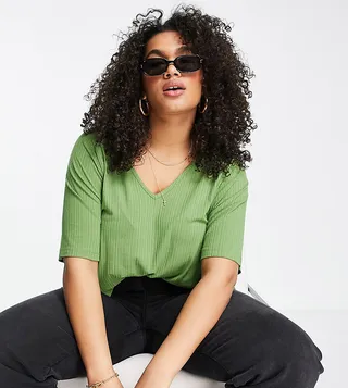 ASOS DESIGN Curve oversized ribbed v-neck T-shirt in khaki