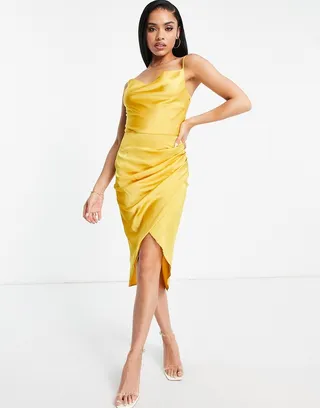 AX Paris satin cowl front pencil dress with asymmetric skirt in mustard