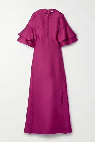Reem Acra - Button-embellished Ruffled Satin-piqué Gown - Purple