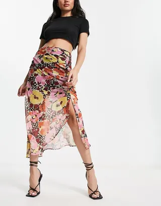 Miss Selfridge ruched chiffon midi skirt in orange floral