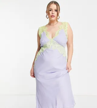 ASOS DESIGN Curve bias cut chiffon midi dress with applique lace in lilac