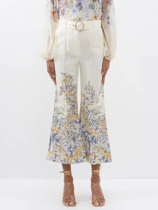 Tama Floral Flared-leg Linen Cropped Trousers