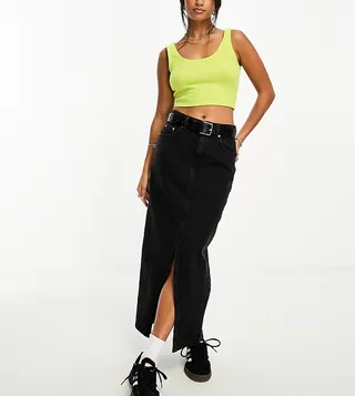 ASOS DESIGN Petite denim midi skirt with split hem in washed black