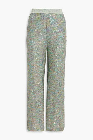 Sequin-embellished crochet-knit silk-blend wide-leg pants