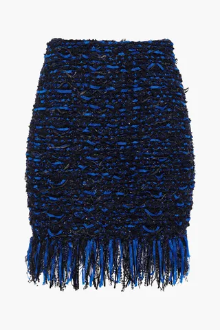 Fringed metallic bouclé-knit mini skirt
