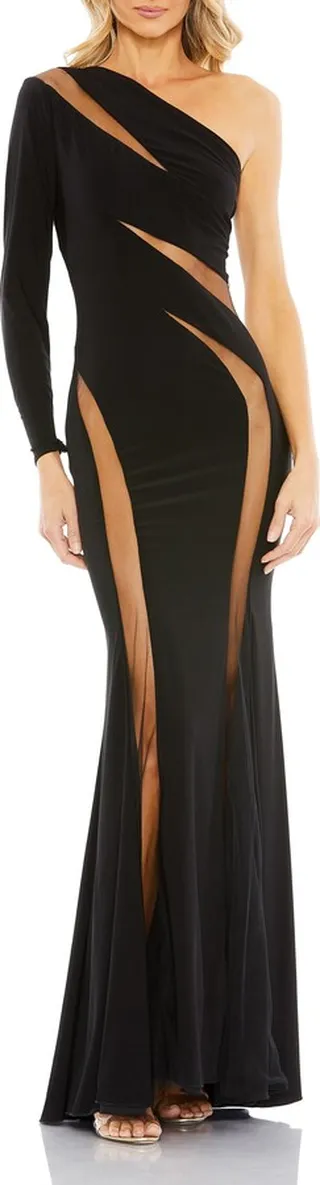 Cutout Illusion Mesh One-Shoulder Jersey Trumpet Gown
