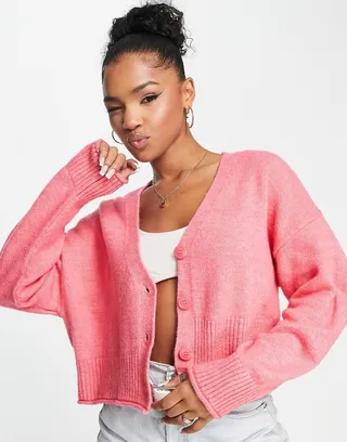Stradivarius cropped cardigan in pop pink