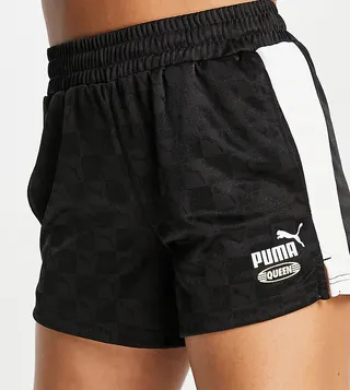 PUMA Queen repeat logo check boxing shorts in black