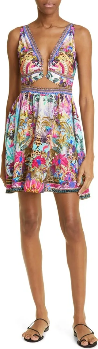 Mixed Print Cutout Detail Silk Minidress