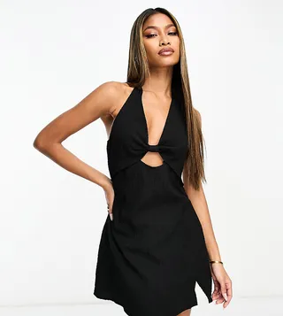 AsYou textured knot front halter neck mini dress in black