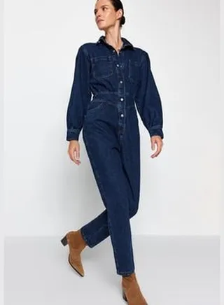 Navy Blue Denim Overalls with Balloon Sleeves TWOAW22TU0041