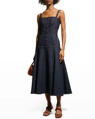 Veena Denim Button-Front Fit-And-Flare Midi Dress