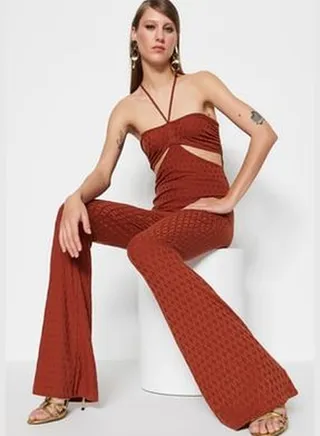 Cinnamon Knitted Overalls with Window/Cut Out Detailed, Textured and Patterned TPRSS23TU00034