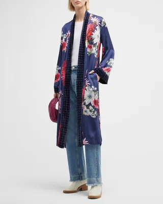Aster Floral-Print Velvet-Trim Kimono