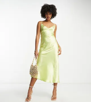 ASOS DESIGN Tall high apex midi slip dress in hammered satin in lime
