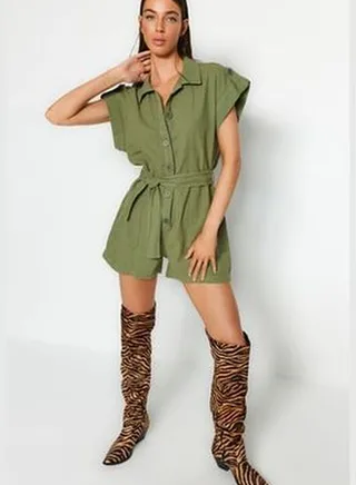 Khaki Linen Belted Denim Overalls