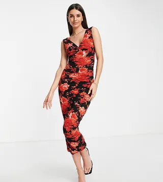 ASOS DESIGN Tall corset dropped waist midi dress in red floral print