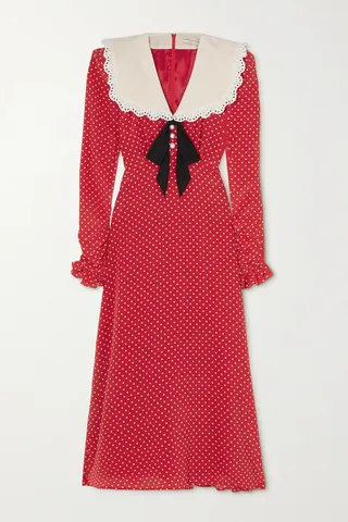 Alessandra Rich - Broderie Anglaise-trimmed Polka-dot Silk Crepe De Chine Midi Dress - Red