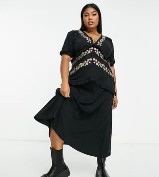 ASOS DESIGN Curve v neck midi dress with frill detail and embroidery in black