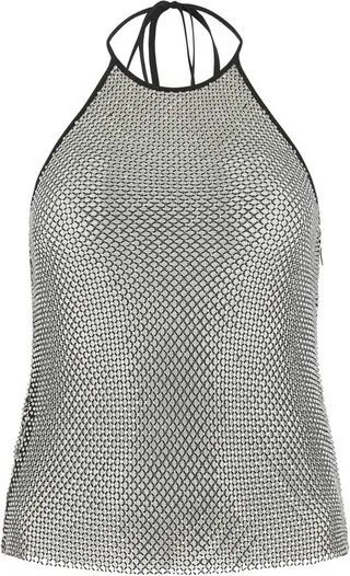 AMI Gem Embellished Semi Sheer Mesh Halterneck Top