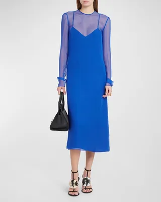 Long-Sleeve Silk Mousseline Midi Dress