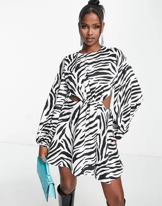 John Zack satin mini dress with cut out sides in zebra print