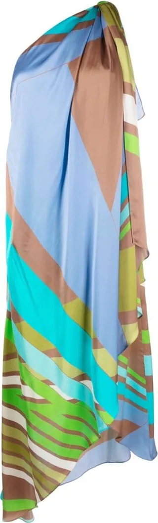 One-Shoulder Graphic-Print Silk Dress
