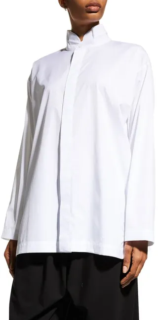 Side Panel Poplin Shirt with Double Stand Collar (Long Length)