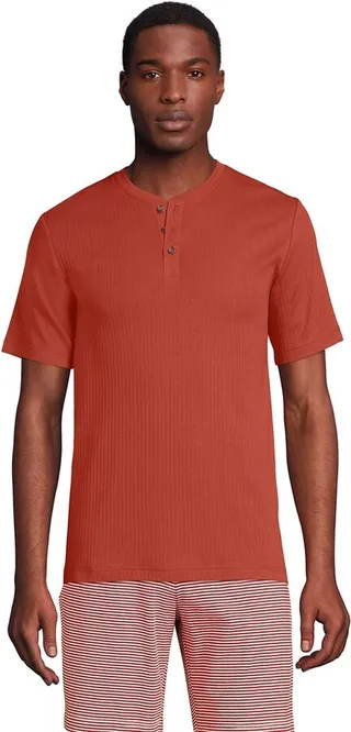 Lands' End Men's Knit Rib Short Sleeve Henley Pajama Shirt - X-large - Sunwashed Red