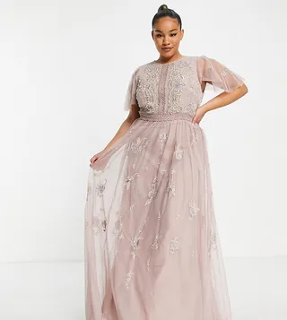 ASOS DESIGN Curve Bridesmaid pearl embellished flutter sleeve maxi dress with floral embroidery in rose