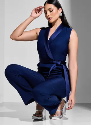 Surplice Neck Belted Jumpsuit