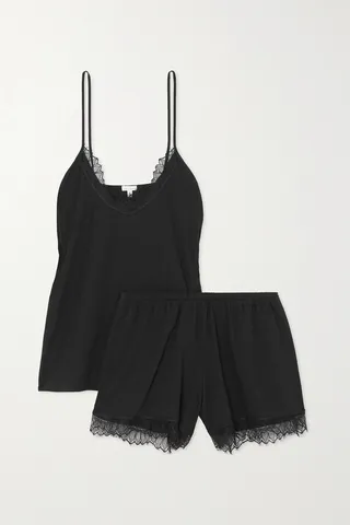 Skin - Lace-trimmed Organic Pima Cotton Pajama Set - Black
