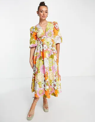 ASOS EDITION cotton twill button front midi dress in red floral print