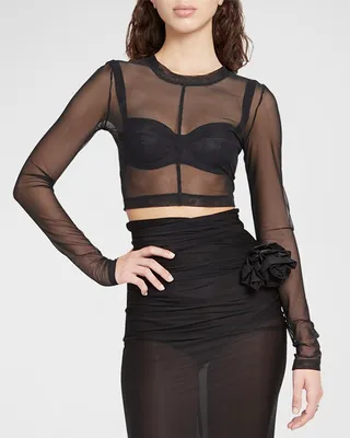 Sheer Mesh Long-Sleeve Crop Top