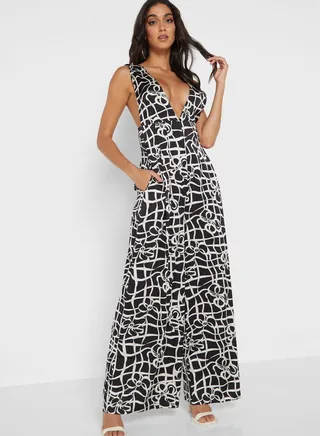 Plunge Neck Printed Jumpsuit