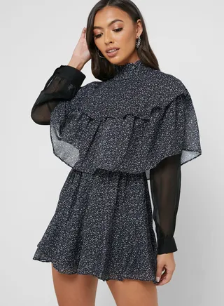 High Neck Sheer Sleeve Layered Playsuit