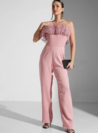 Hadia Ghaleb Off Shoulder Ruffle Tulle Jumpsuit