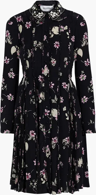 Pleated appliquéd floral-print silk crepe de chine dress