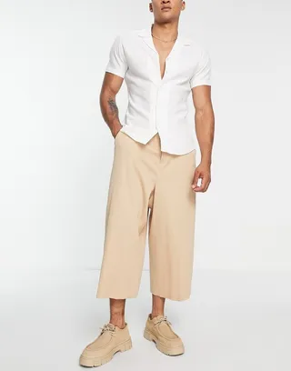 ASOS DESIGN extreme wide leg culotte smart pants in stone crinkle