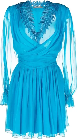 Appliqué-Detail Long-Sleeve Silk Dress