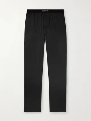 Velvet-Trimmed Stretch-Silk Satin Pyjama Trousers